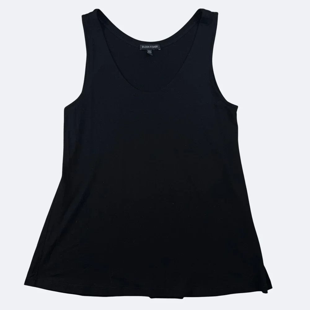 Eileen Fisher Tank Top Womens S Black Scoop Neck Rayon Lycra Stretch Made USA